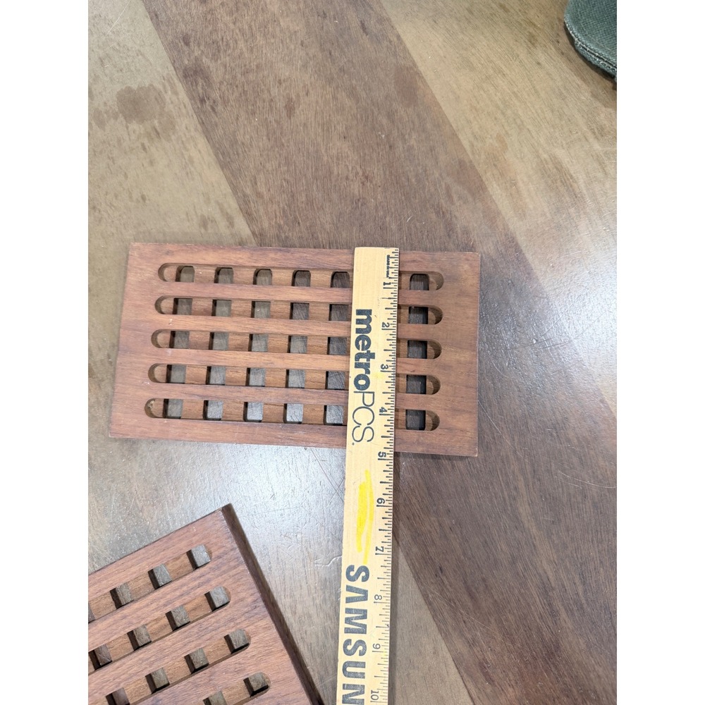 Vintage Mid Century Modern Wooden Trivet Set 2 Piece Slatted Teak Style Brown
